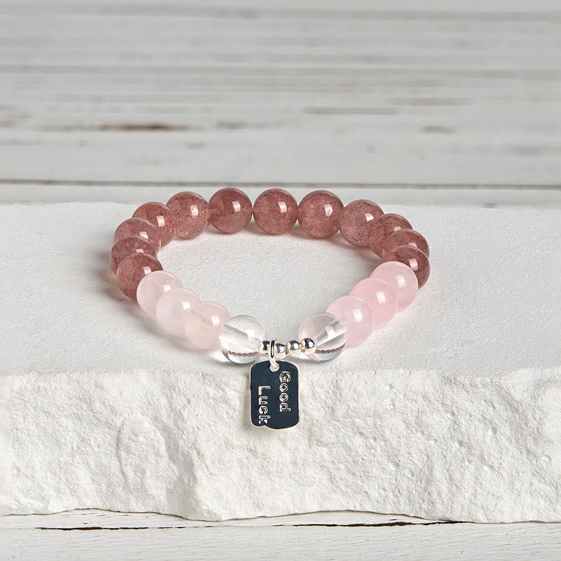 Buddha Stones Amethyst Rose Quartz Strawberry Quartz Good Luck Charm Bracelet