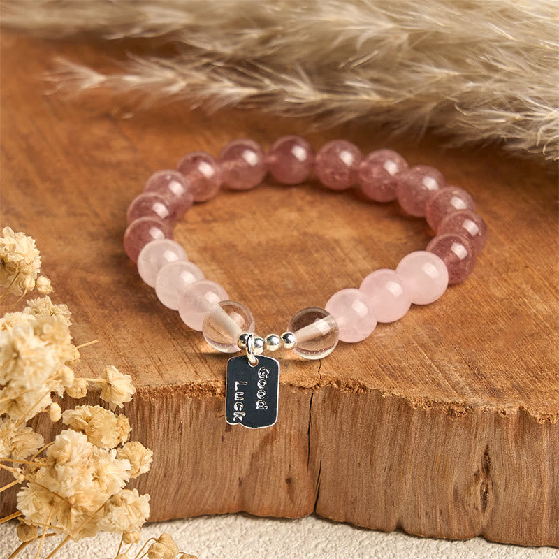 Buddha Stones Amethyst Rose Quartz Strawberry Quartz Good Luck Charm Bracelet
