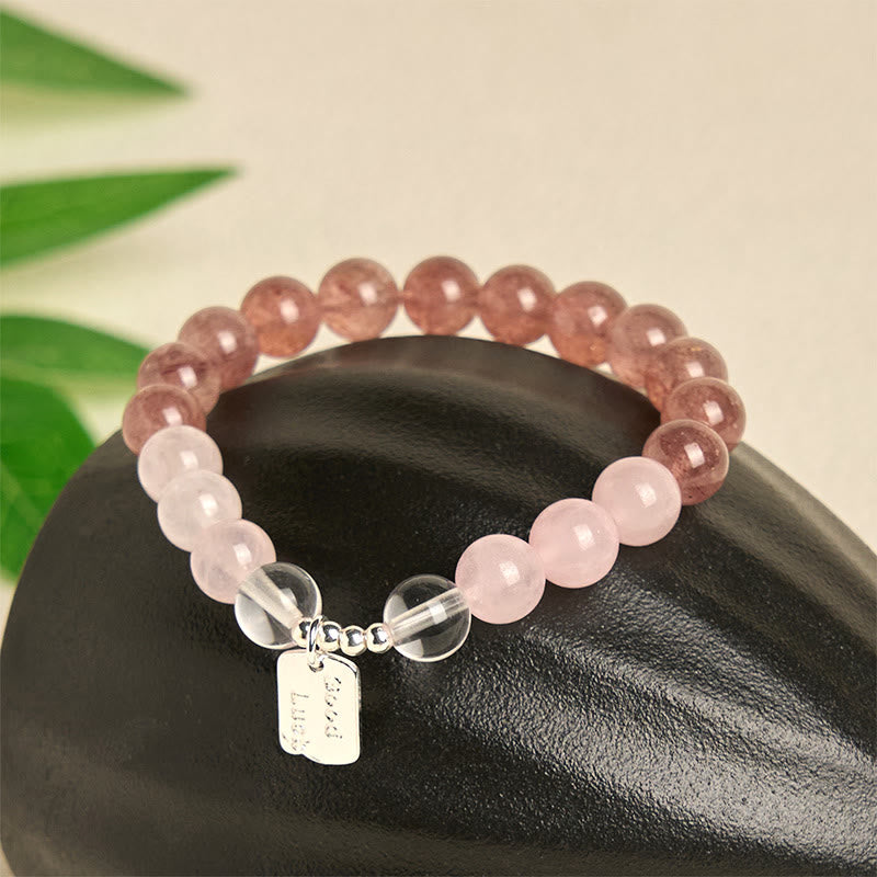 Buddha Stones Amethyst Rose Quartz Strawberry Quartz Good Luck Charm Bracelet