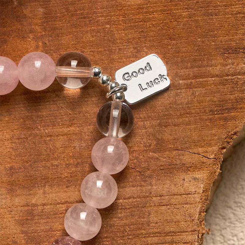 Buddha Stones Amethyst Rose Quartz Strawberry Quartz Good Luck Charm Bracelet