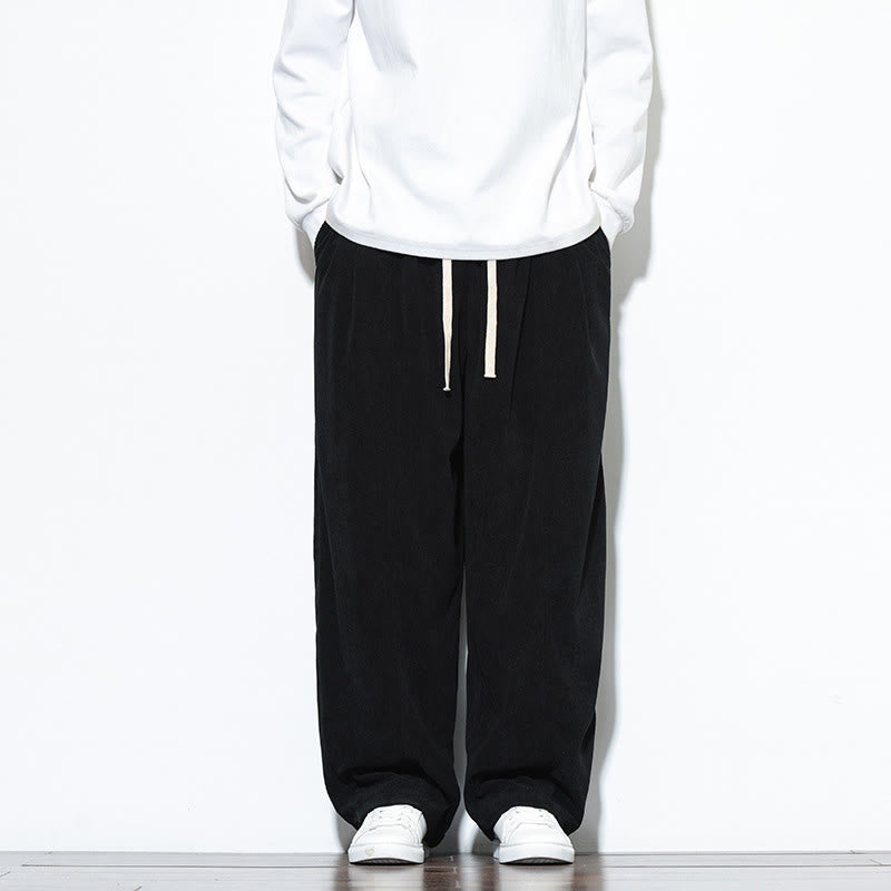Buddha Stones Plain Drawstring Pure Cotton Corduroy Men's Harem Pants With Pockets