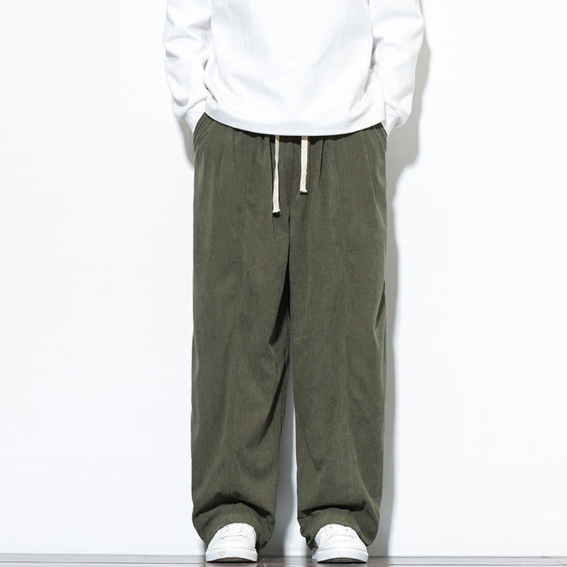 Buddha Stones Plain Drawstring Pure Cotton Corduroy Men's Harem Pants With Pockets