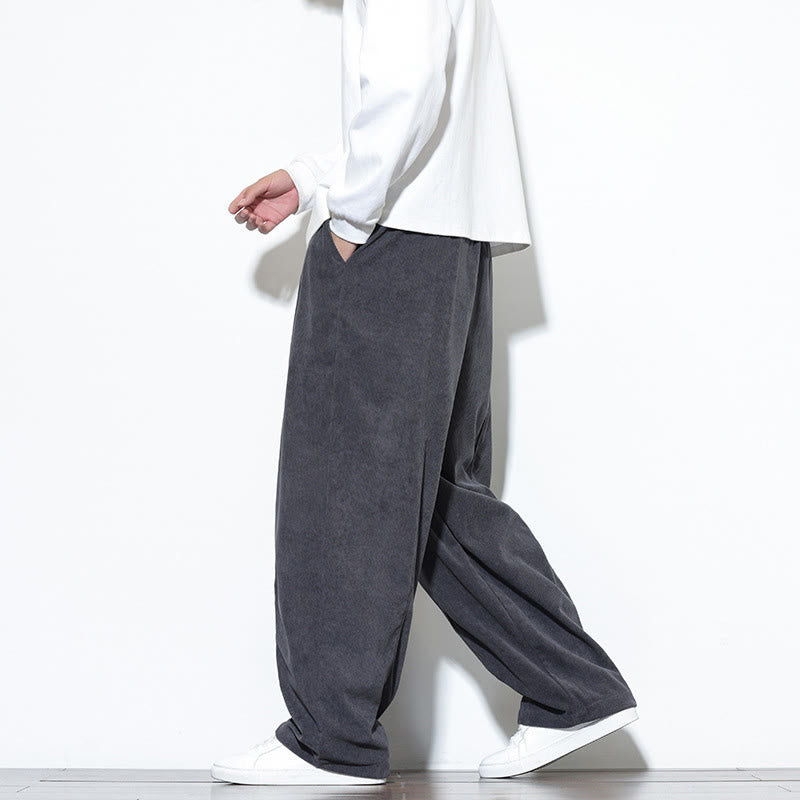 Buddha Stones Plain Drawstring Pure Cotton Corduroy Men's Harem Pants With Pockets