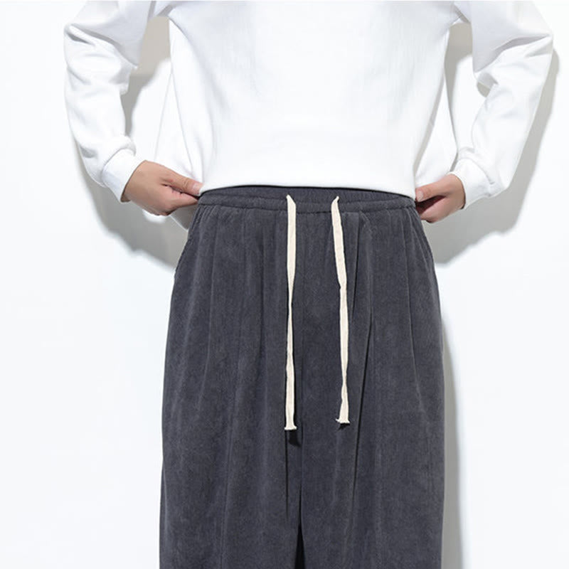 Buddha Stones Plain Drawstring Pure Cotton Corduroy Men's Harem Pants With Pockets