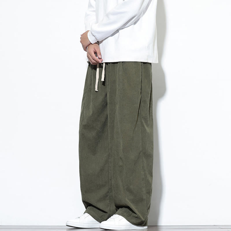 Buddha Stones Plain Drawstring Pure Cotton Corduroy Men's Harem Pants With Pockets