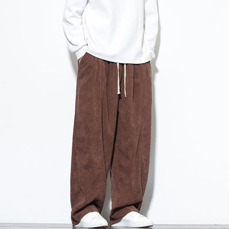 Buddha Stones Plain Drawstring Pure Cotton Corduroy Men's Harem Pants With Pockets