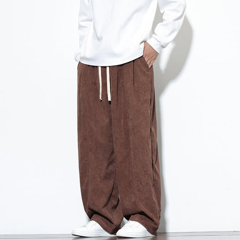 Buddha Stones Plain Drawstring Pure Cotton Corduroy Men's Harem Pants With Pockets