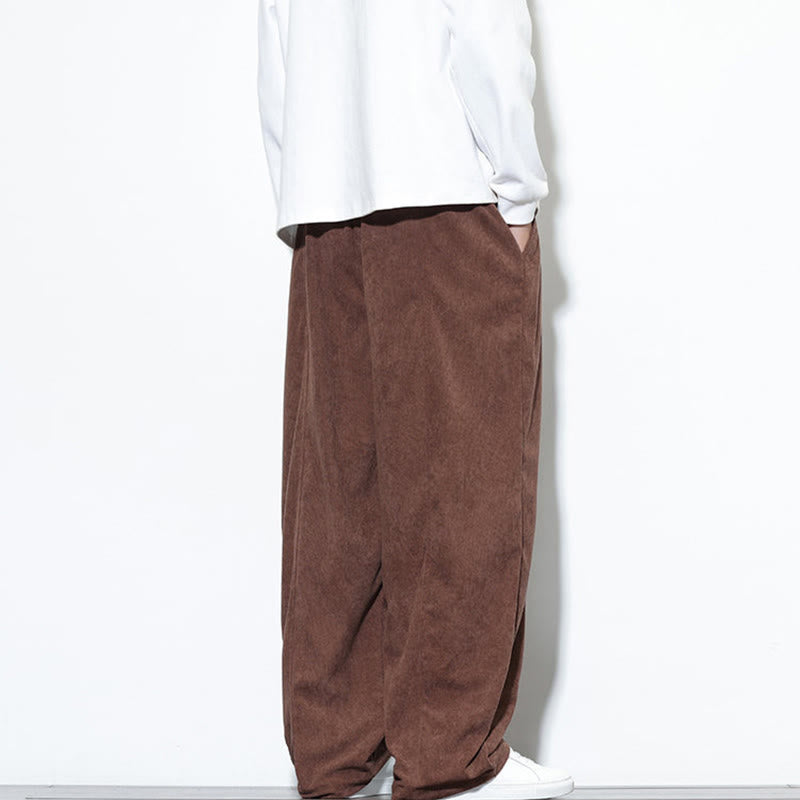 Buddha Stones Plain Drawstring Pure Cotton Corduroy Men's Harem Pants With Pockets