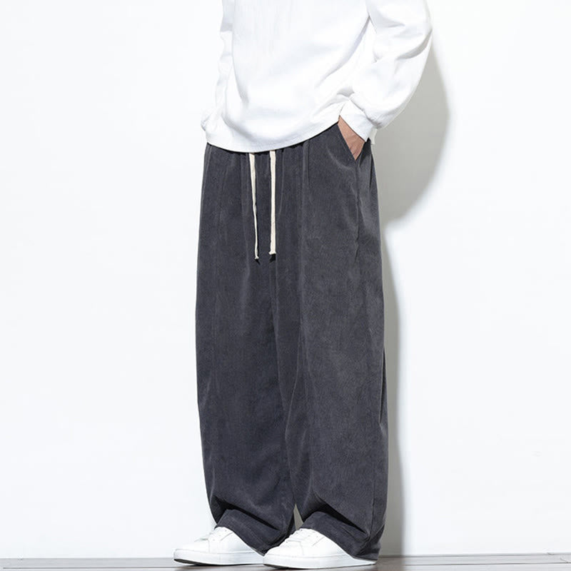 Buddha Stones Plain Drawstring Pure Cotton Corduroy Men's Harem Pants With Pockets