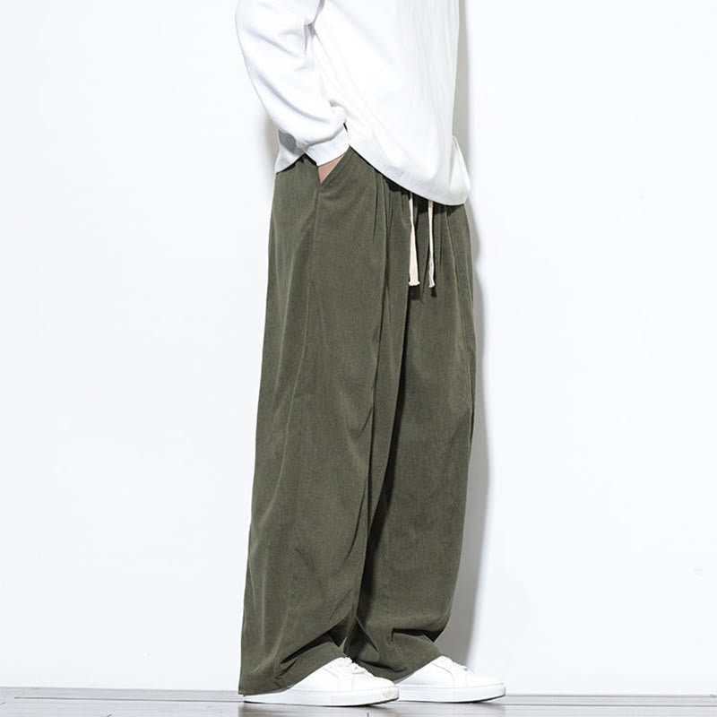 Buddha Stones Plain Drawstring Pure Cotton Corduroy Men's Harem Pants With Pockets