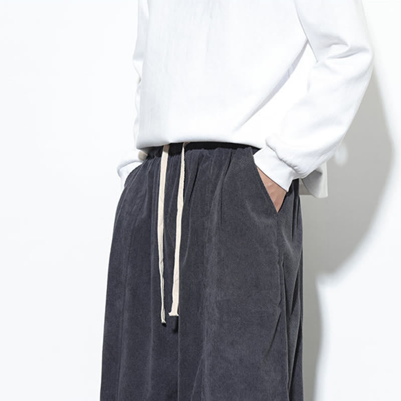 Buddha Stones Plain Drawstring Pure Cotton Corduroy Men's Harem Pants With Pockets