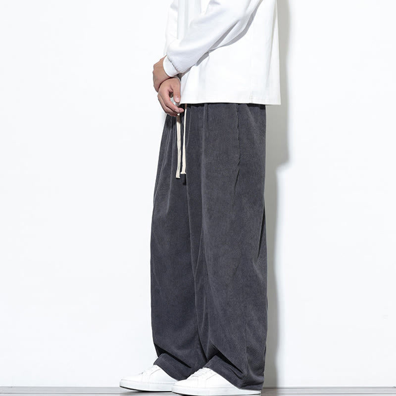 Buddha Stones Plain Drawstring Pure Cotton Corduroy Men's Harem Pants With Pockets