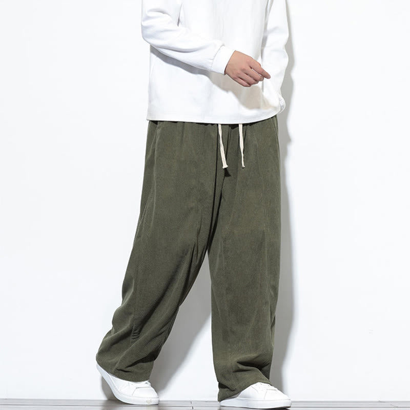 Buddha Stones Plain Drawstring Pure Cotton Corduroy Men's Harem Pants With Pockets