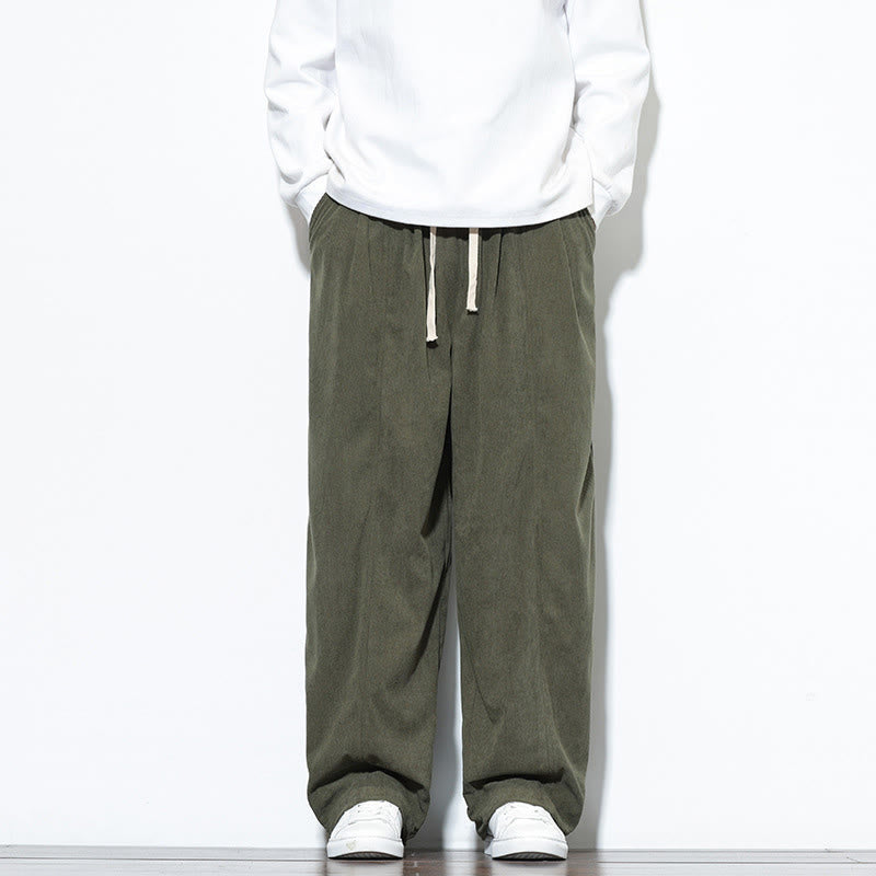 Buddha Stones Plain Drawstring Pure Cotton Corduroy Men's Harem Pants With Pockets
