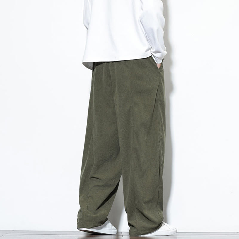 Buddha Stones Plain Drawstring Pure Cotton Corduroy Men's Harem Pants With Pockets