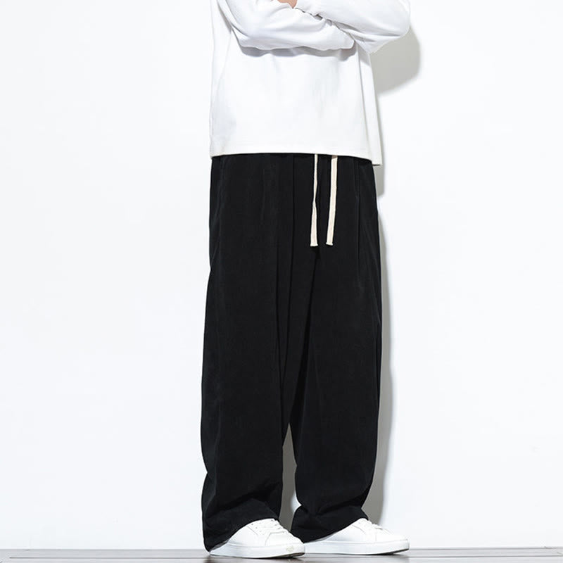 Buddha Stones Plain Drawstring Pure Cotton Corduroy Men's Harem Pants With Pockets