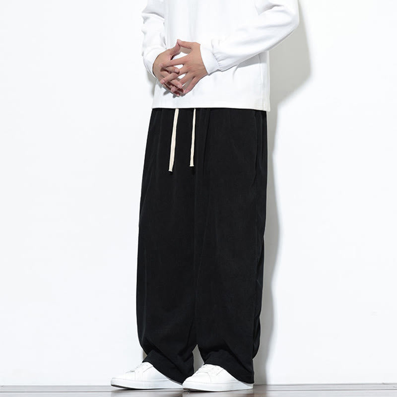 Buddha Stones Plain Drawstring Pure Cotton Corduroy Men's Harem Pants With Pockets