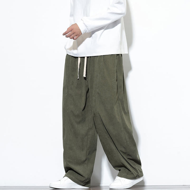 Buddha Stones Plain Drawstring Pure Cotton Corduroy Men's Harem Pants With Pockets