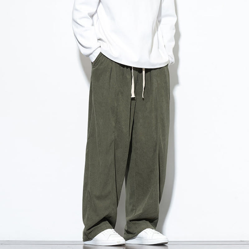 Buddha Stones Plain Drawstring Pure Cotton Corduroy Men's Harem Pants With Pockets