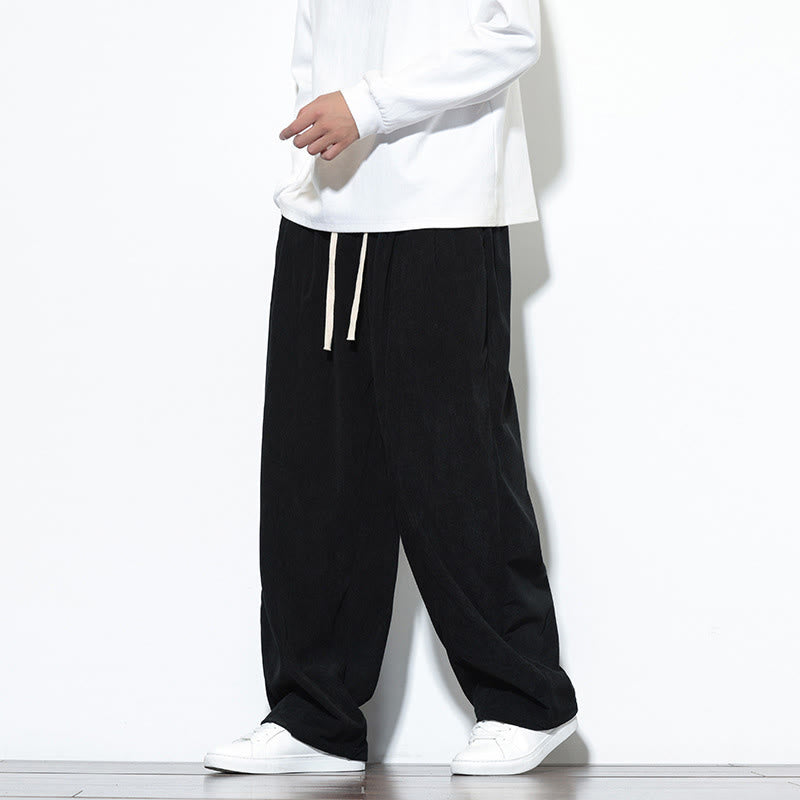 Buddha Stones Plain Drawstring Pure Cotton Corduroy Men's Harem Pants With Pockets