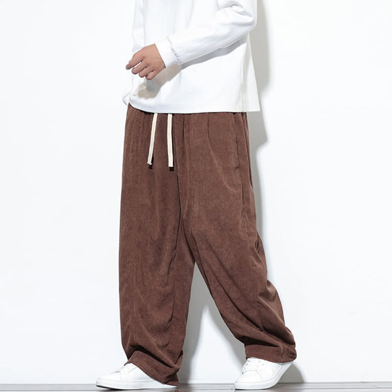Buddha Stones Plain Drawstring Pure Cotton Corduroy Men's Harem Pants With Pockets
