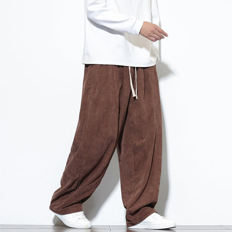 Buddha Stones Plain Drawstring Pure Cotton Corduroy Men's Harem Pants With Pockets
