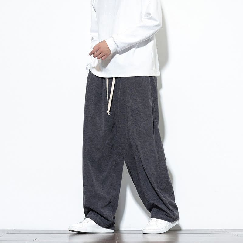 Buddha Stones Plain Drawstring Pure Cotton Corduroy Men's Harem Pants With Pockets