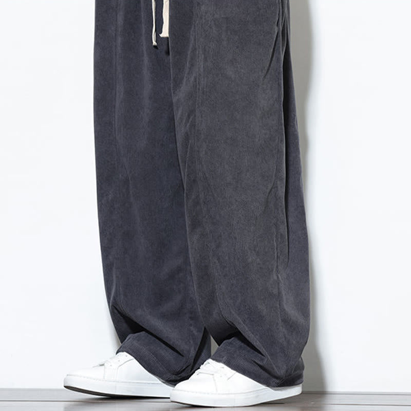 Buddha Stones Plain Drawstring Pure Cotton Corduroy Men's Harem Pants With Pockets