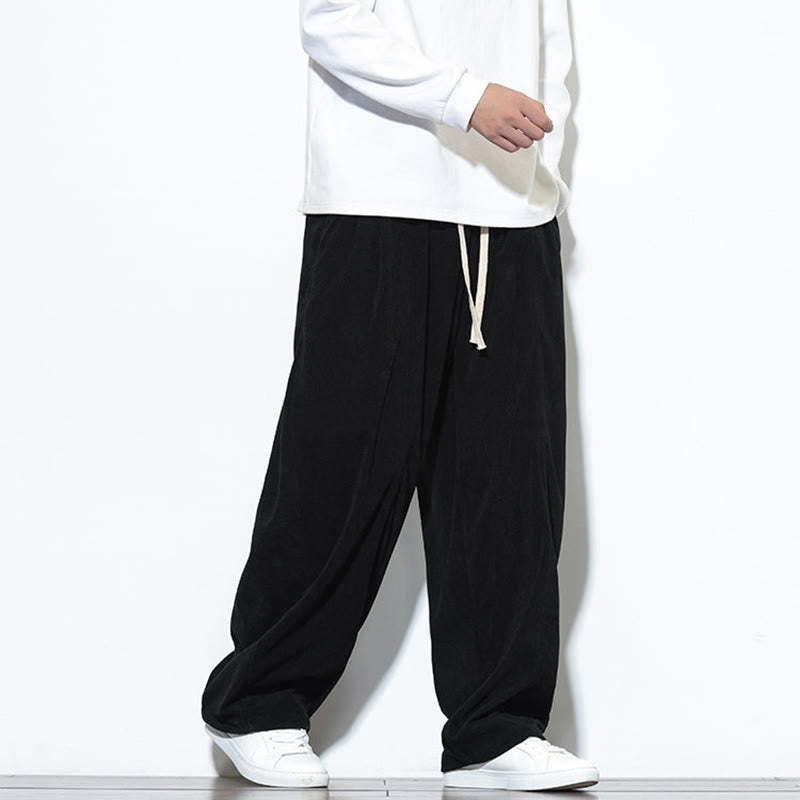 Buddha Stones Plain Drawstring Pure Cotton Corduroy Men's Harem Pants With Pockets