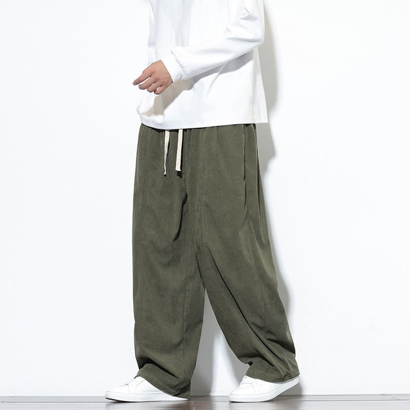 Buddha Stones Plain Drawstring Pure Cotton Corduroy Men's Harem Pants With Pockets