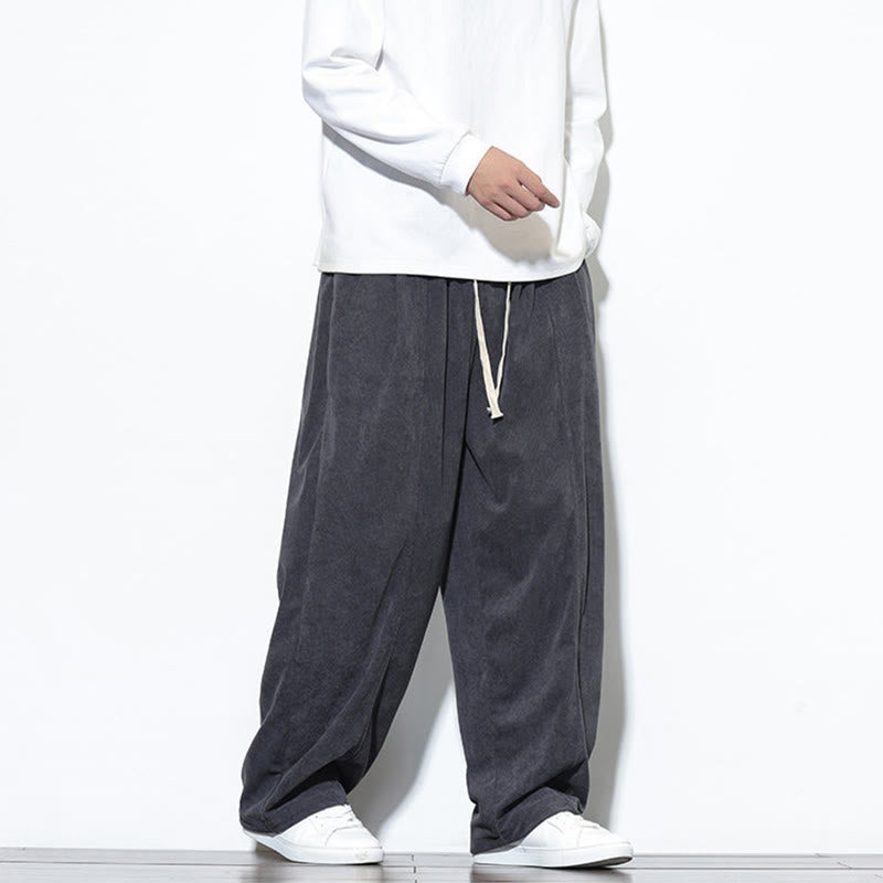 Buddha Stones Plain Drawstring Pure Cotton Corduroy Men's Harem Pants With Pockets