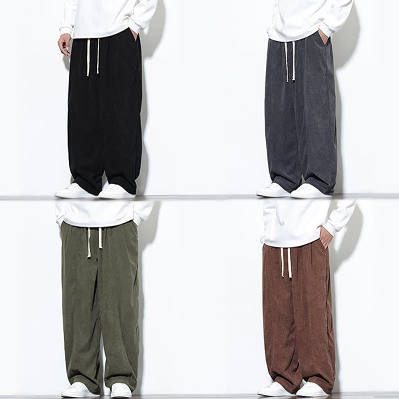 Buddha Stones Plain Drawstring Pure Cotton Corduroy Men's Harem Pants With Pockets