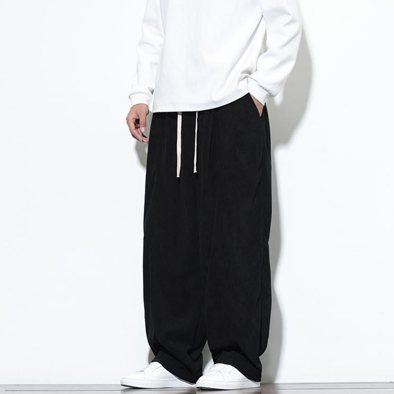 Buddha Stones Plain Drawstring Pure Cotton Corduroy Men's Harem Pants With Pockets