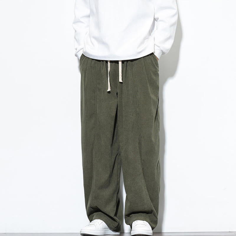 Buddha Stones Plain Drawstring Pure Cotton Corduroy Men's Harem Pants With Pockets