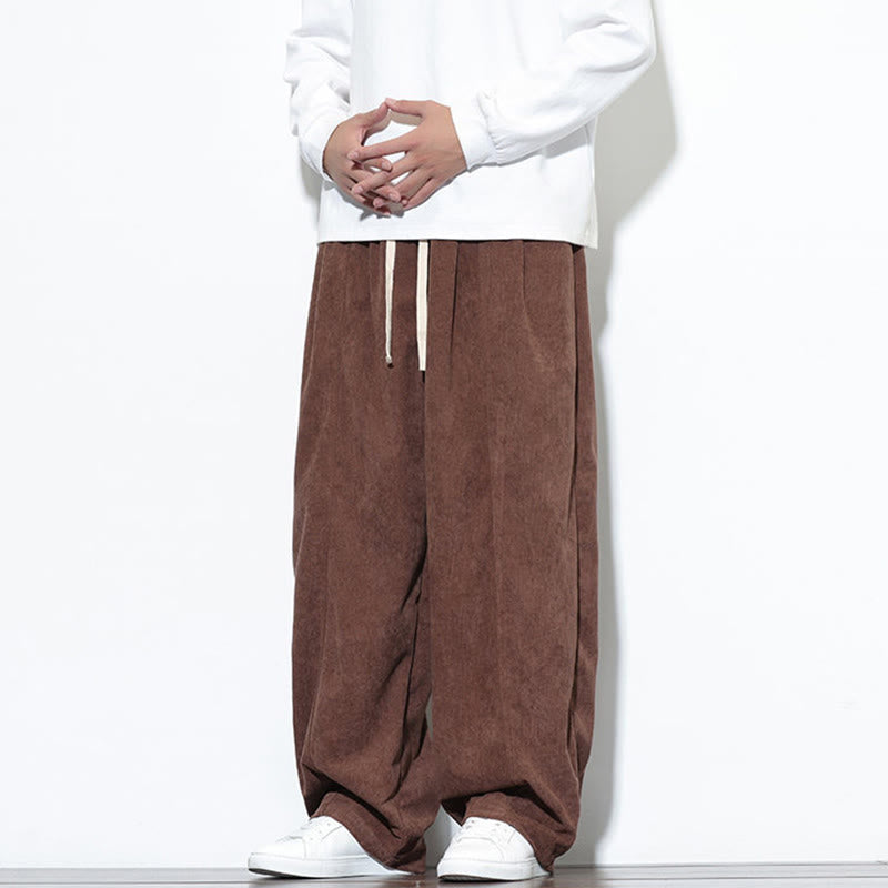 Buddha Stones Plain Drawstring Pure Cotton Corduroy Men's Harem Pants With Pockets