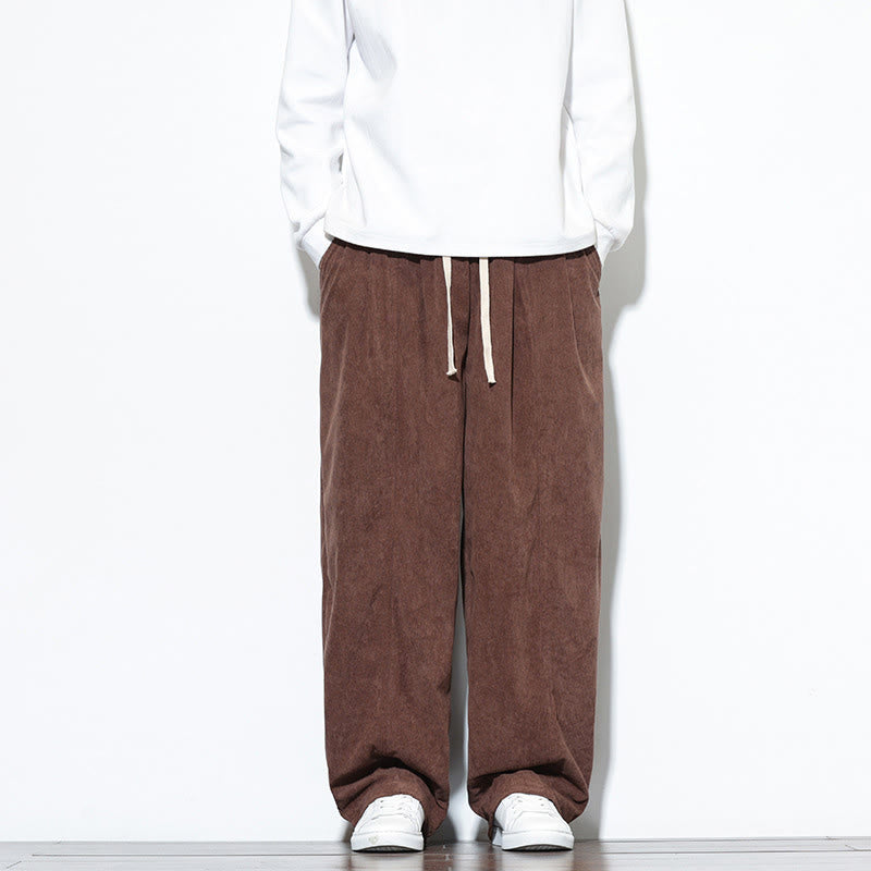 Buddha Stones Plain Drawstring Pure Cotton Corduroy Men's Harem Pants With Pockets
