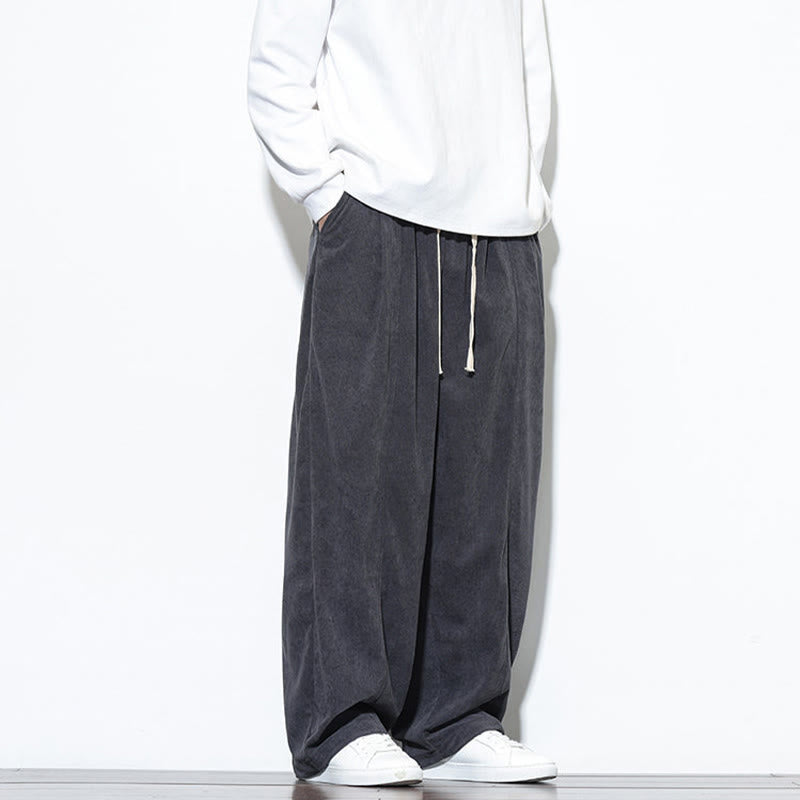 Buddha Stones Plain Drawstring Pure Cotton Corduroy Men's Harem Pants With Pockets