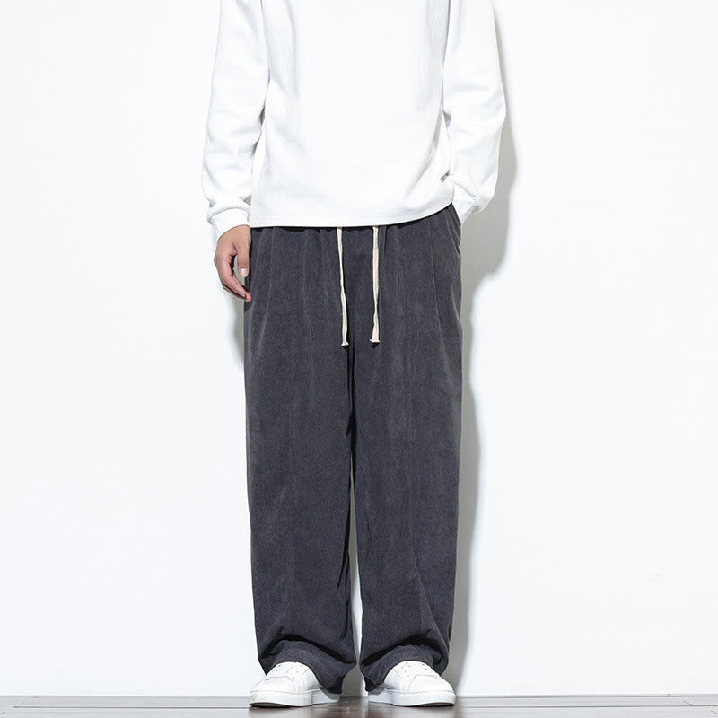 Buddha Stones Plain Drawstring Pure Cotton Corduroy Men's Harem Pants With Pockets