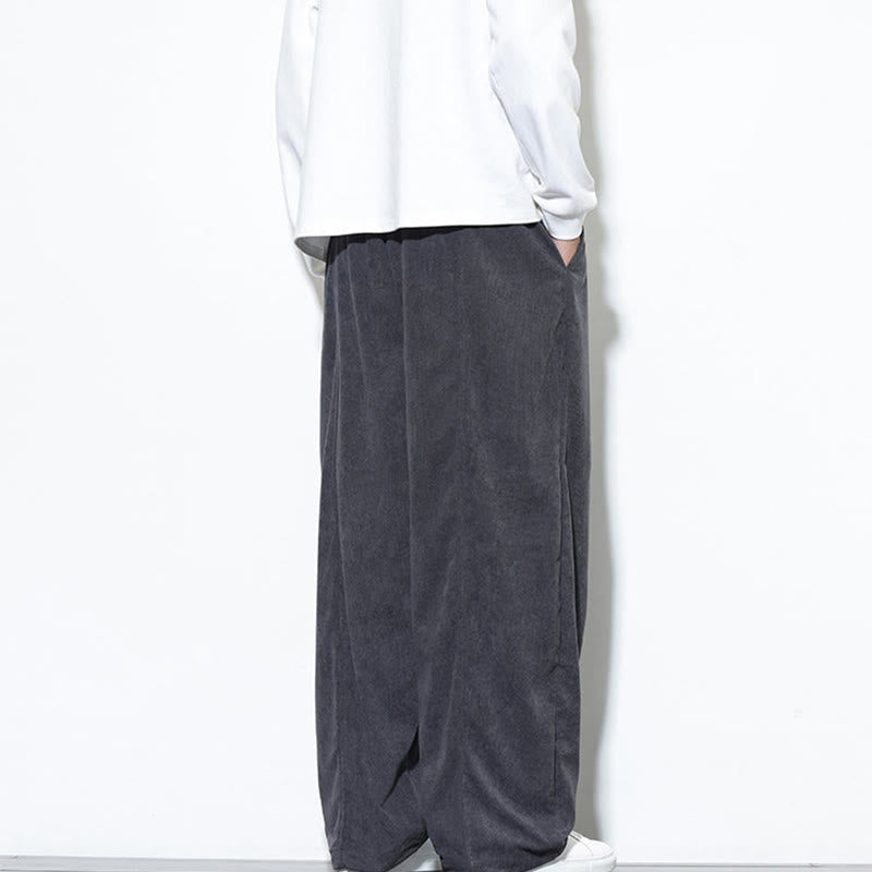 Buddha Stones Plain Drawstring Pure Cotton Corduroy Men's Harem Pants With Pockets