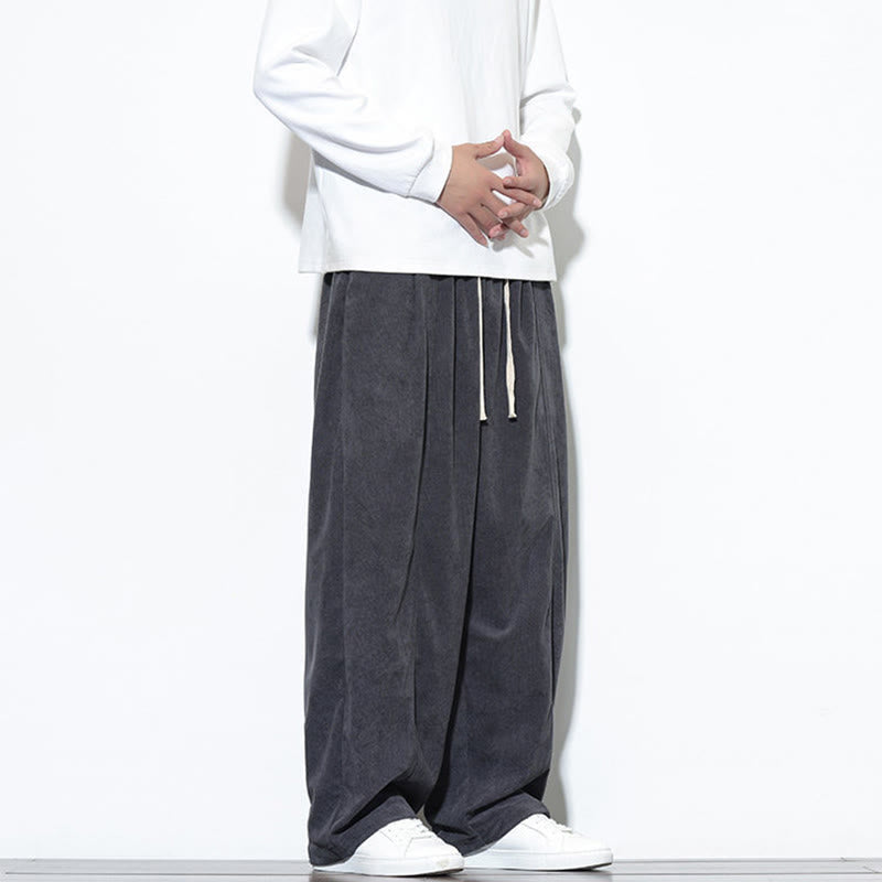 Buddha Stones Plain Drawstring Pure Cotton Corduroy Men's Harem Pants With Pockets
