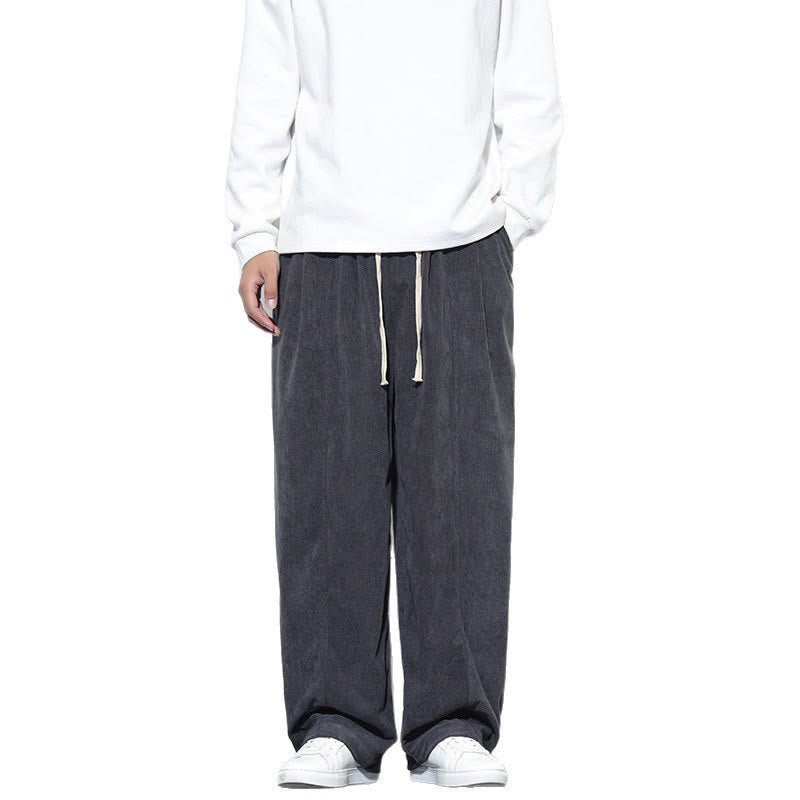 Buddha Stones Plain Drawstring Pure Cotton Corduroy Men's Harem Pants With Pockets