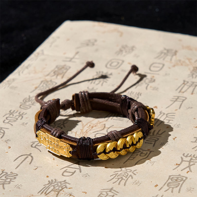 Buddha Stones Five-emperor Coins Pi Xiu Wealth Leather Rope Bracelet
