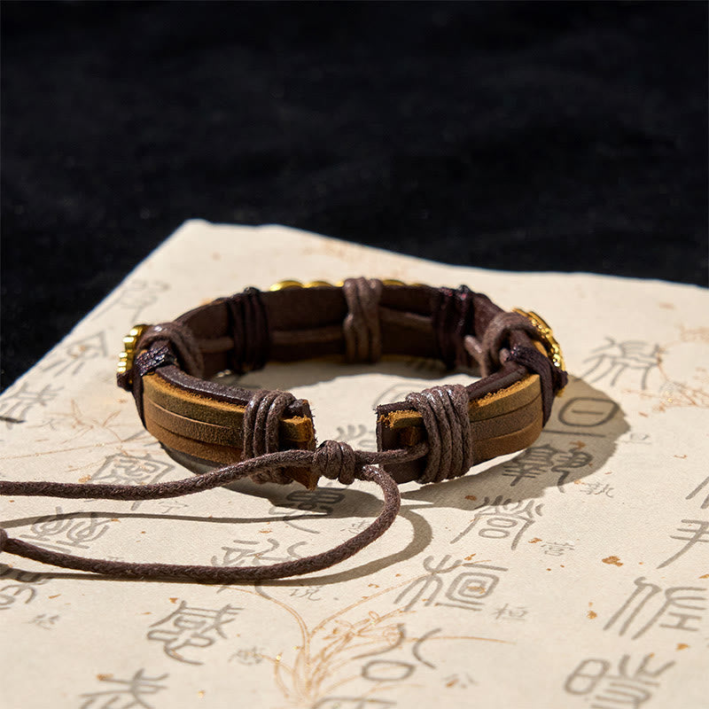 Buddha Stones Five-emperor Coins Pi Xiu Wealth Leather Rope Bracelet
