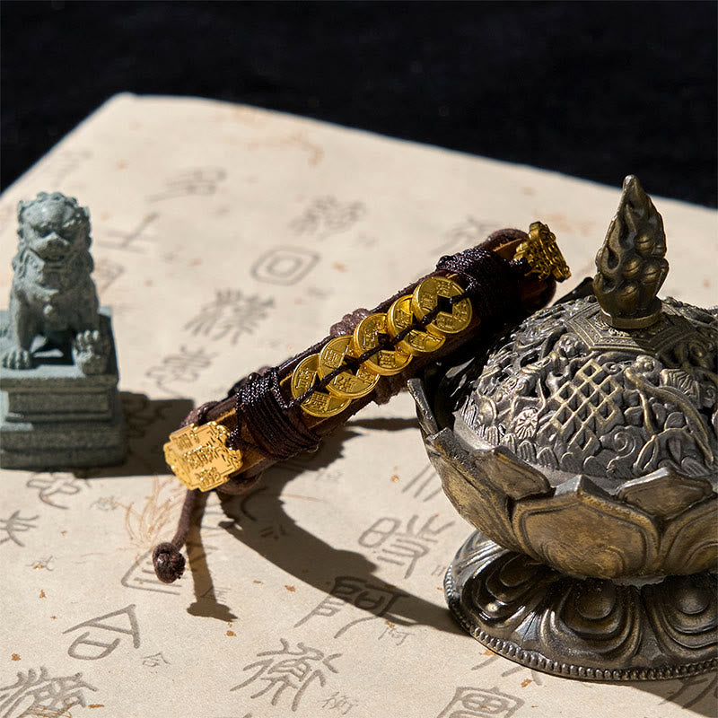 Buddha Stones Five-emperor Coins Pi Xiu Wealth Leather Rope Bracelet