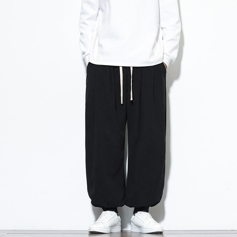 Buddha Stones Fall Plain Drawstring Simple Design Men's Harem Cotton Corduroy Pants With Pockets