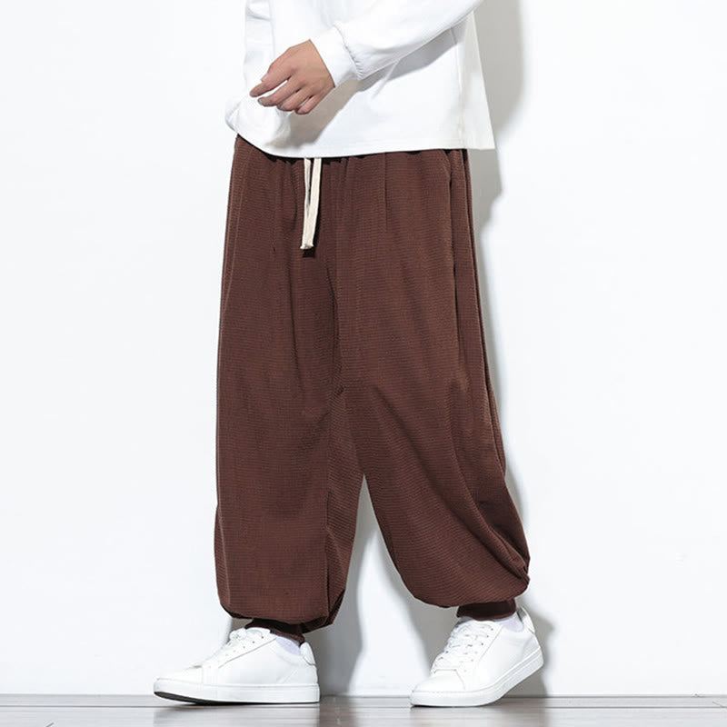 Buddha Stones Fall Plain Drawstring Simple Design Men's Harem Cotton Corduroy Pants With Pockets