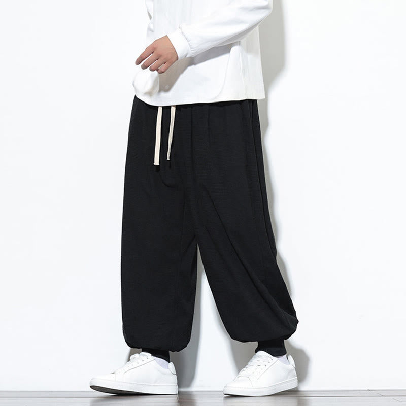 Buddha Stones Fall Plain Drawstring Simple Design Men's Harem Cotton Corduroy Pants With Pockets