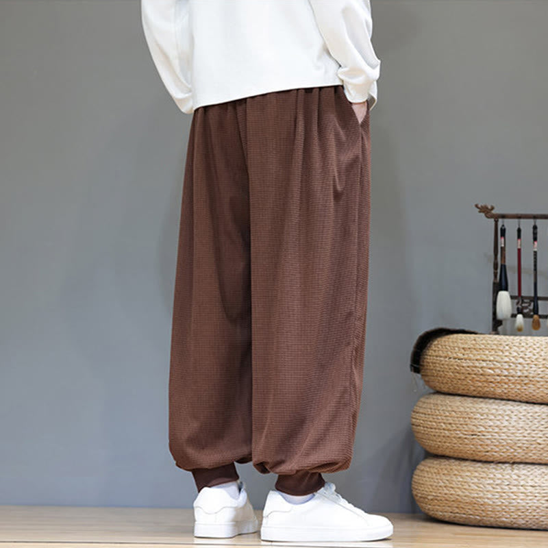 Buddha Stones Fall Plain Drawstring Simple Design Men's Harem Cotton Corduroy Pants With Pockets