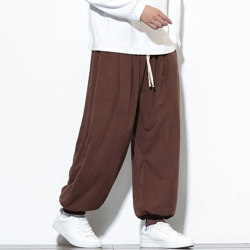 Buddha Stones Fall Plain Drawstring Simple Design Men's Harem Cotton Corduroy Pants With Pockets
