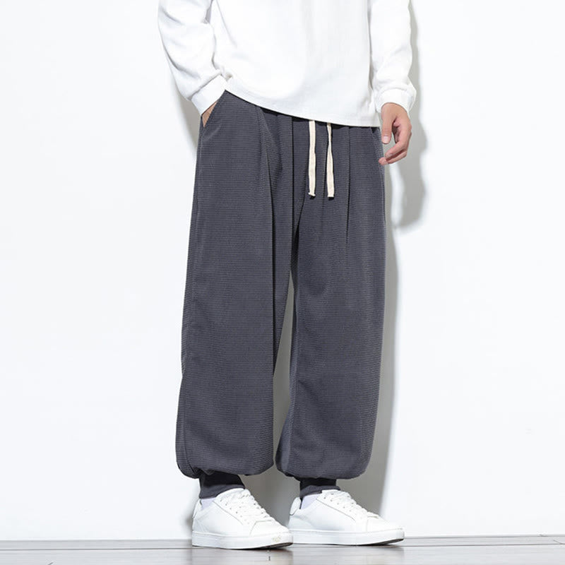 Buddha Stones Fall Plain Drawstring Simple Design Men's Harem Cotton Corduroy Pants With Pockets